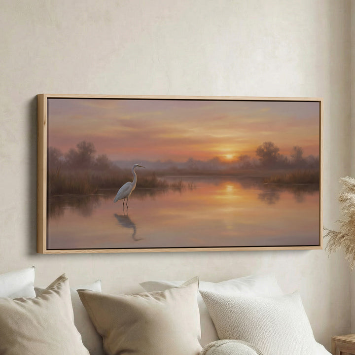 White Heron At Sunrise Horizontal Wall Art Oversized Wall Decor For Office