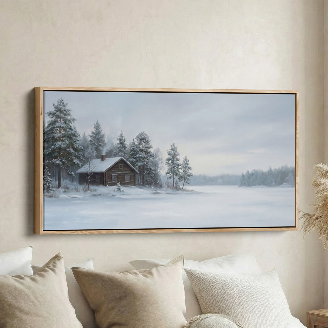 Snowy Cabin horizontal wall art Framed Canvas Print For Bedroom