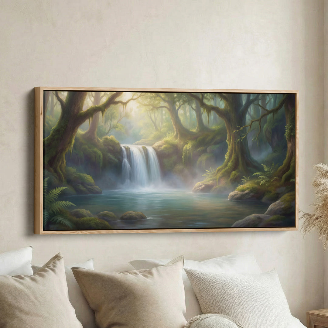 Forest Waterfall wide canvas Statement Wall Decor For Living Room