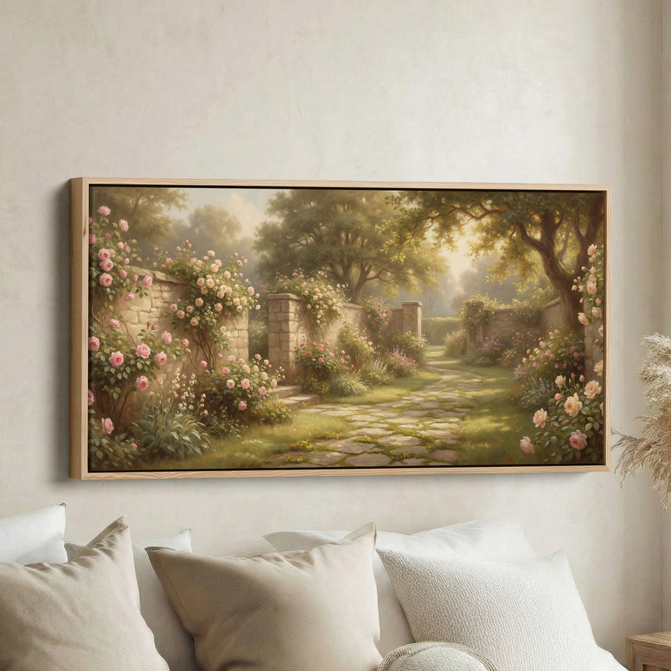 Rose Garden Path panoramic wall art Horizontal Canvas Print For Bedroom