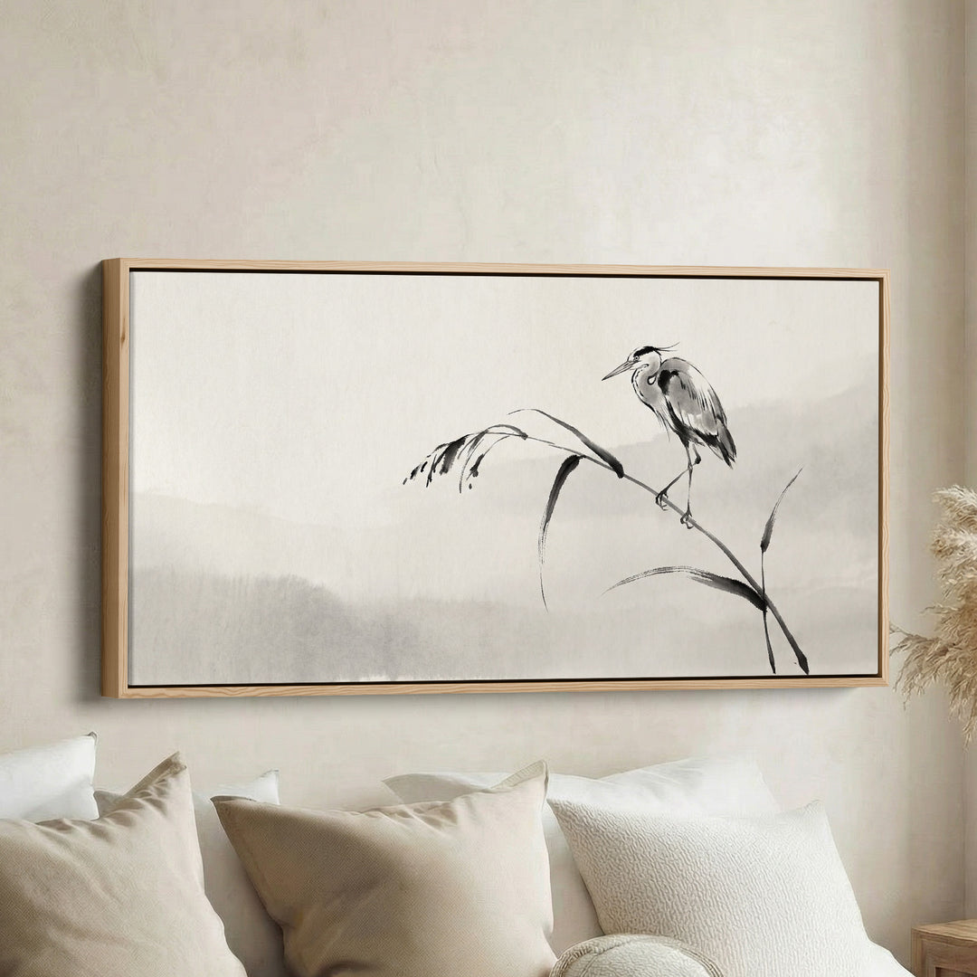 Ink Heron Horizontal Wall Art Framed Canvas Print For Bedroom