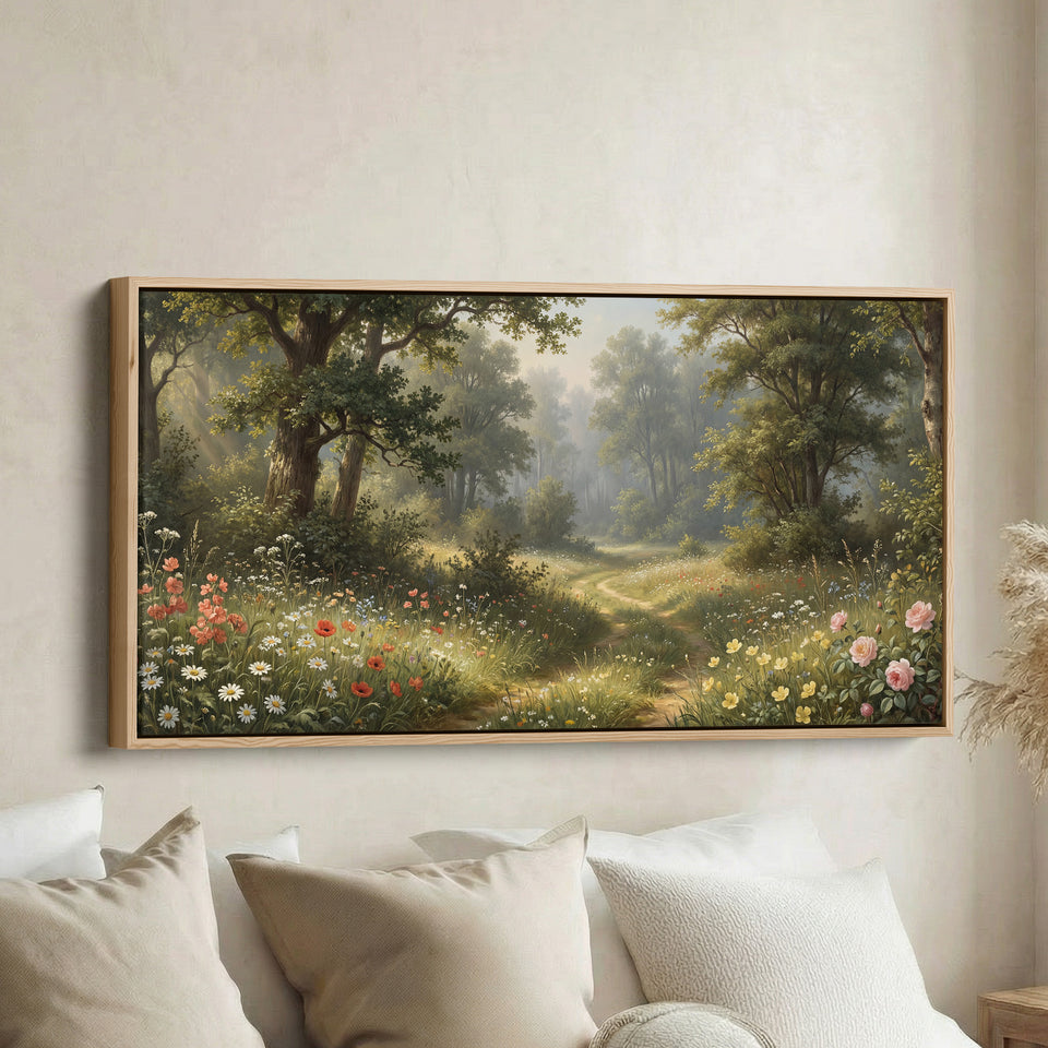 Horizontal Wall Art Woodland Wildflower Path Panoramic Canvas Print For Bedroom