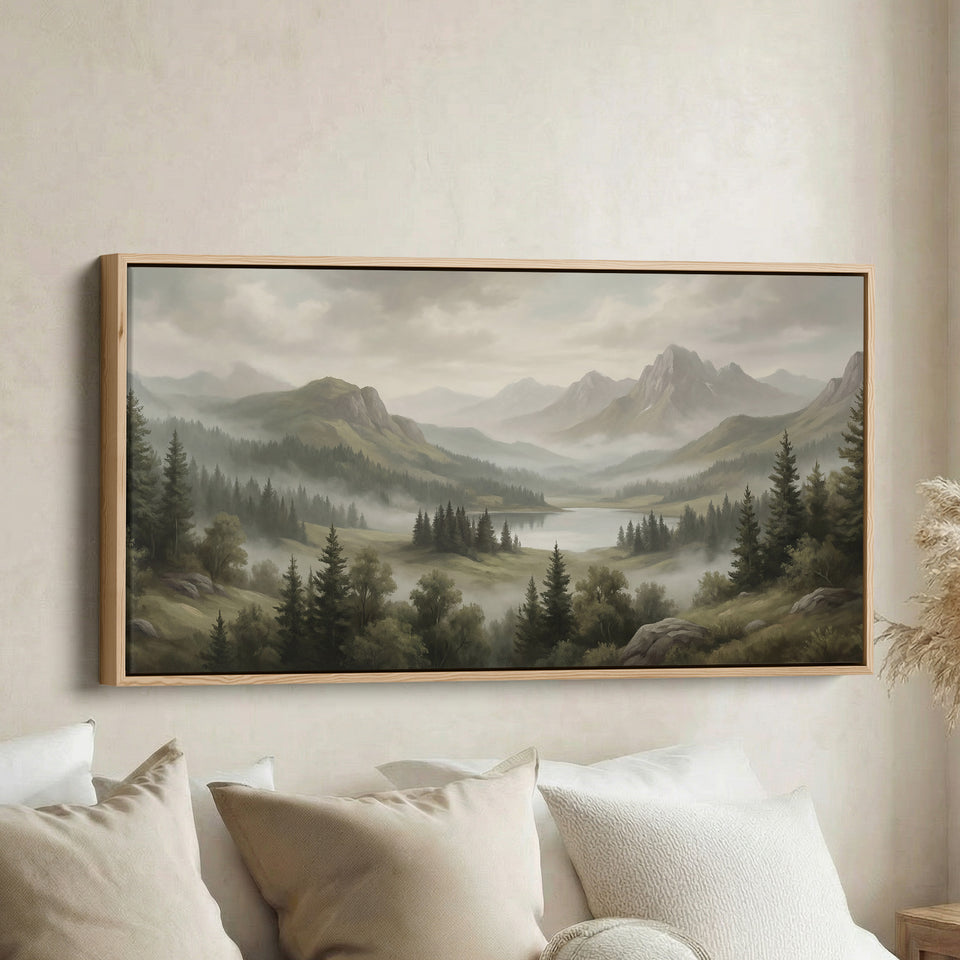 Above Bed Wall Art Misty Mountain Lake Valley Extra Wide Canvas For Living Room
