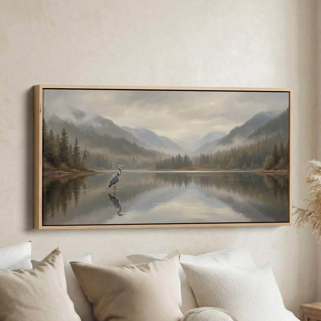 Wide Canvas Heron On Still Lake Panoramic Canvas Print For Living Room