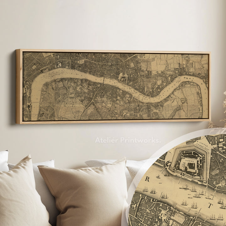 Horizontal Wall Art Vintage London Map Long Framed Canvas For Living Room