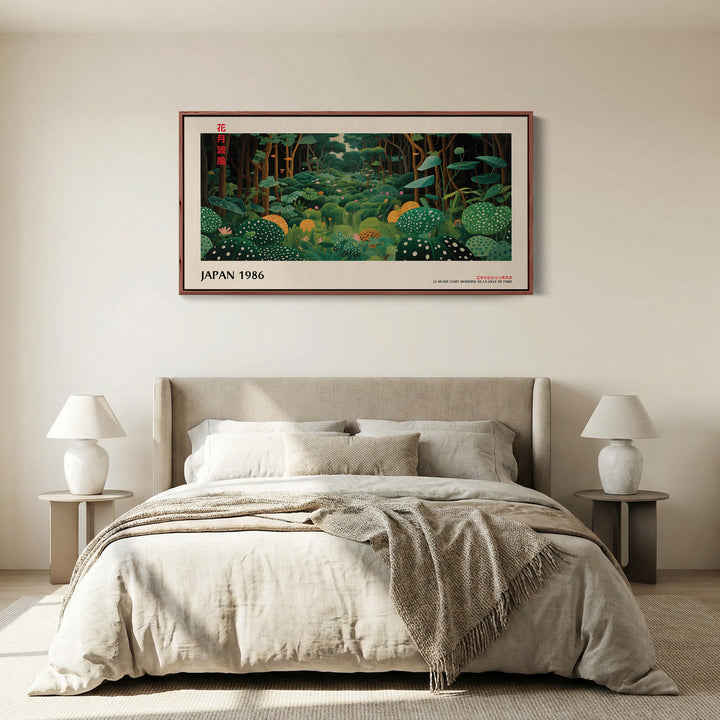 Yayoi Kusama large art mural scène forestière avec champignons toile horizontale pour chambre