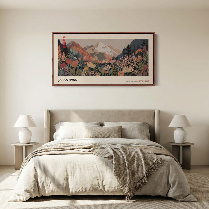 Wide Panoramic Wall Art – Snowy Mountain & Wildflowers, Muted Japanese-Inspired Landscape Print
