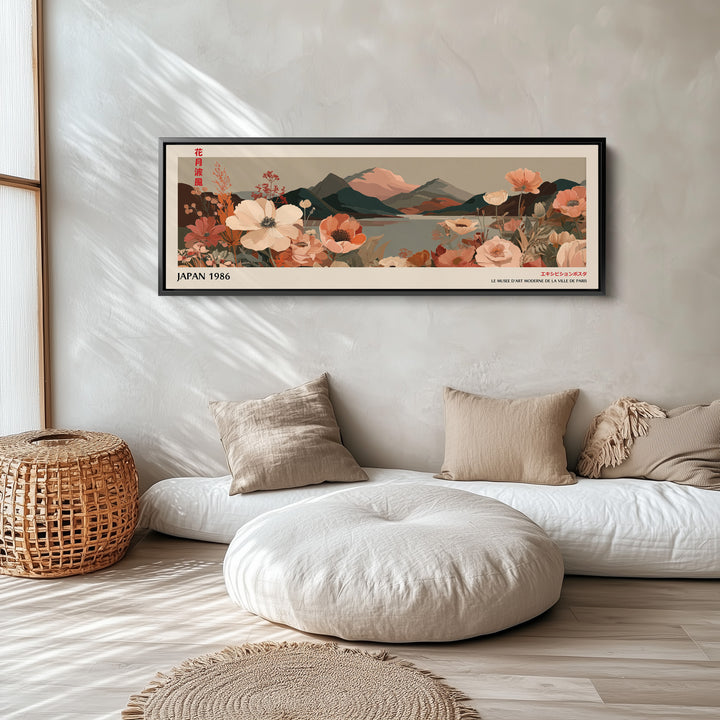 Wide Panoramic Wall Art – Muted Floral Mountain Lake, Japandi Boho Horizontal Landscape Print