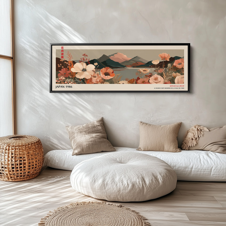 Wide Panoramic Wall Art – Muted Floral Mountain Lake, Japandi Boho Horizontal Landscape Print