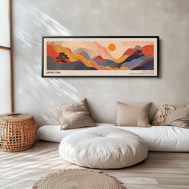 Extra Large Horizontal Wall Art – Abstract Sunrise Hills, Warm Japanese-Inspired Panoramic Print