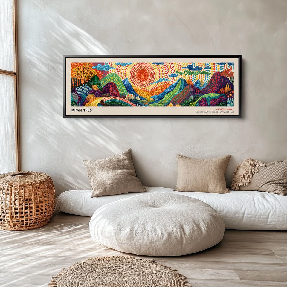 Oversized Horizontal Wall Art – Rainbow Dot Sunrise, Bold Japanese-Inspired Panoramic Landscape Print
