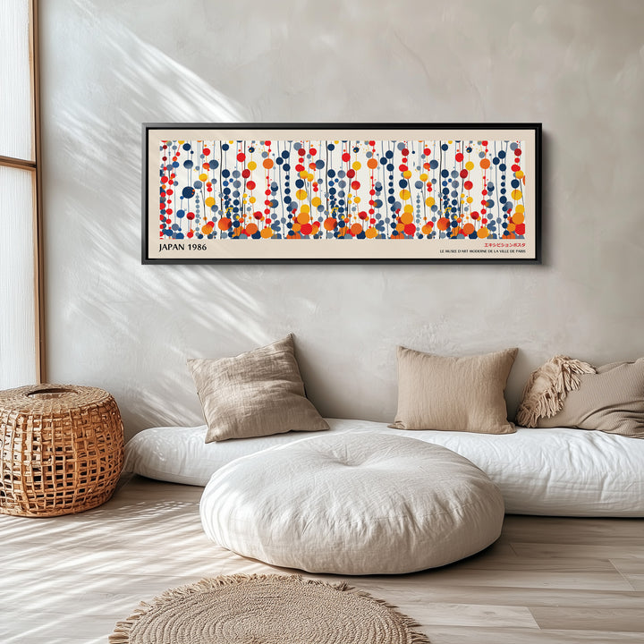 Above Bed Wall Art – Dotted Strands, Modern Japandi Long Horizontal Print in Primary Colours