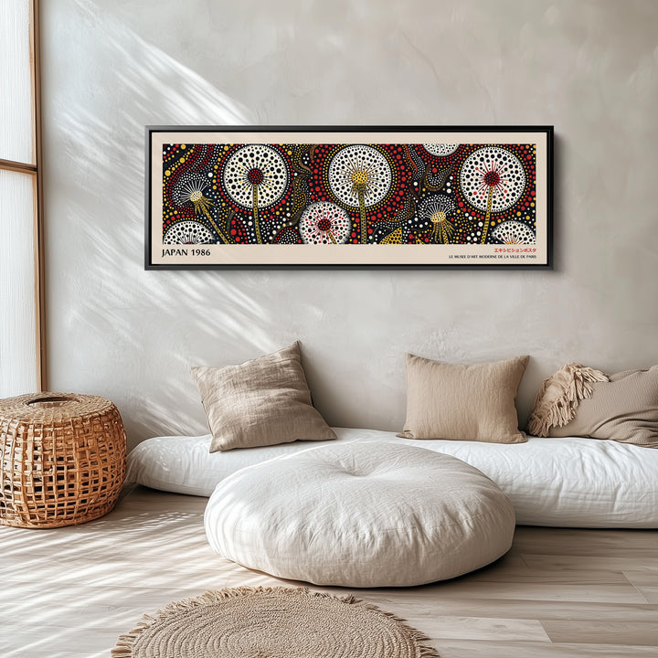 Wide Panoramic Wall Art – Dandelion Dot Bloom, Bold Japanese-Inspired Long Horizontal Print