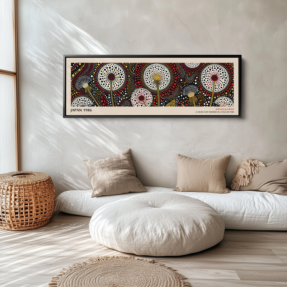 Wide Panoramic Wall Art – Dandelion Dot Bloom, Bold Japanese-Inspired Long Horizontal Print