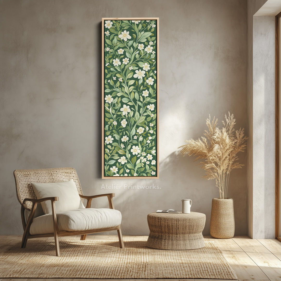 Framed Canvas Narrow Vertical White & Green Floral - V0239