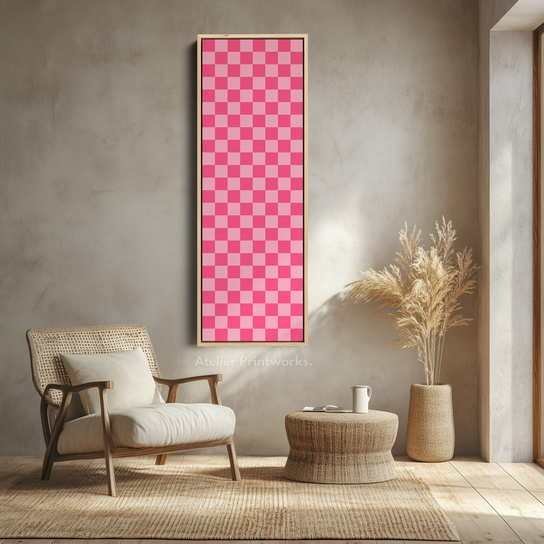 Pink Checkered Gingham Vertical Slim Wall Art - V0310