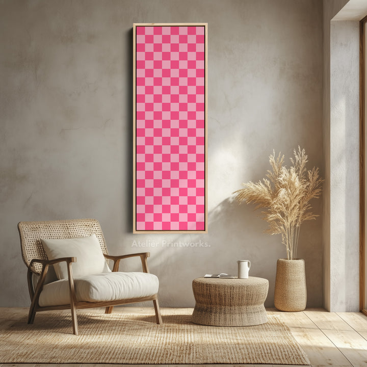 Pink Checkered Gingham Vertical Slim Wall Art - V0310