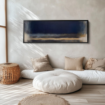 Office Wall Art Large Horizontal Moody Navy Colour Field Abstract long narrow horizontal wall art in a black frame, above the bed