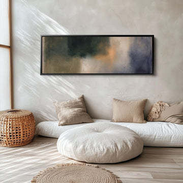 Dark and Moody Abstract Long Wall Art Large Canvas for Living Room long narrow horizontal wall art in a black frame, above the bed
