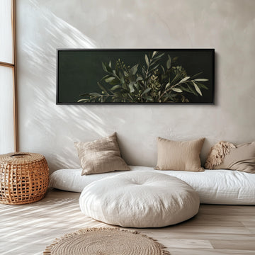 Panoramic Wall Art Olive Branches on a Dark Background for Kitchen long narrow horizontal wall art in a black frame, above the bed