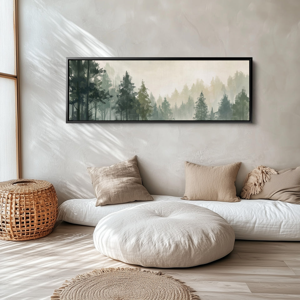 Misty Pine Forest Long Narrow Wall Art for Above Bed long narrow horizontal wall art in a black frame, above the bed
