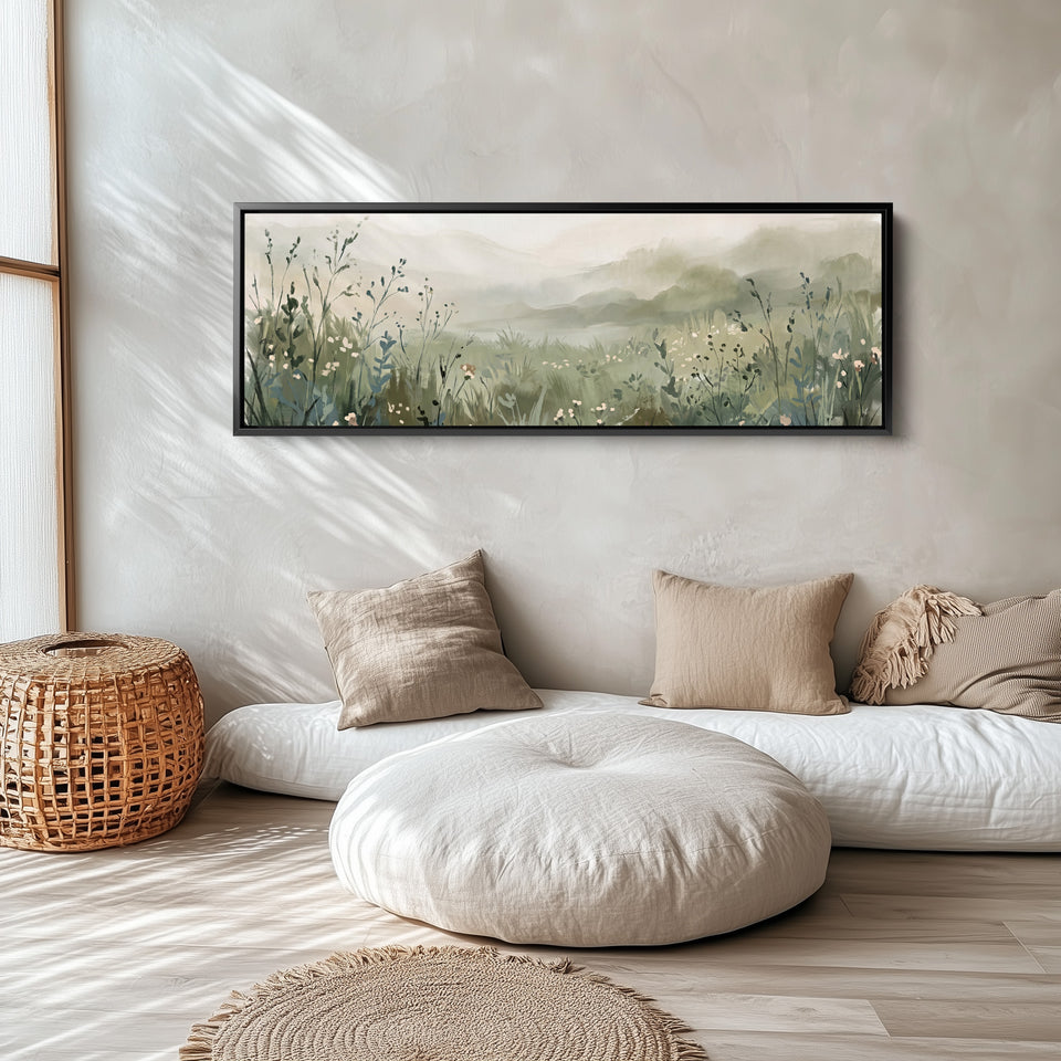 Soft and Dreamy Wildflower Meadow in the Mist Horizontal Wall Art for Living Room long narrow horizontal wall art in a black frame, above the bed