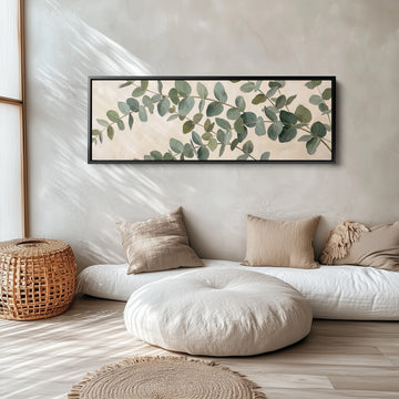 Eucalyptus Branches Panoramic Wall Art Large Canvas for Bedroom long narrow horizontal wall art in a black frame, above the bed