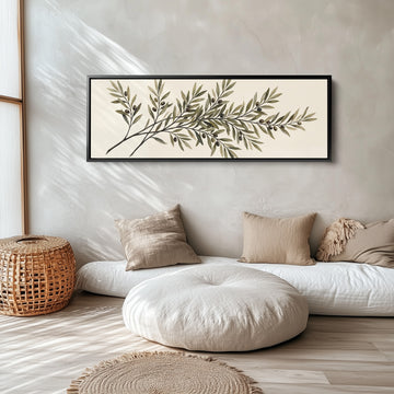 Simple Mediterranean Olive Branch Long Narrow Wall Art for Kitchen long narrow horizontal wall art in a black frame, above the bed