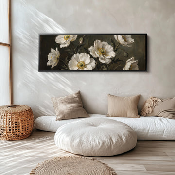 White Anemones on Dark Background Long Wall Art for Dining Room long narrow horizontal wall art in a black frame, above the bed