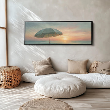 Calm Seaside Beach Umbrella at Sunset Panoramic Wall Art for Bedroom long narrow horizontal wall art in a black frame, above the bed