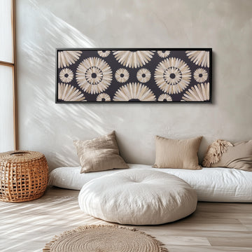 Modern Boho Mandala Pattern Horizontal Wall Art for Bedroom long narrow horizontal wall art in a black frame, above the bed