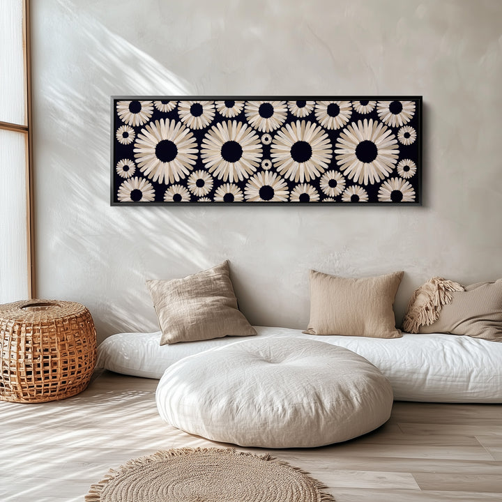 Long Wall Art Navy Daisy Pattern Abstract for Office long narrow horizontal wall art in a black frame, above the bed