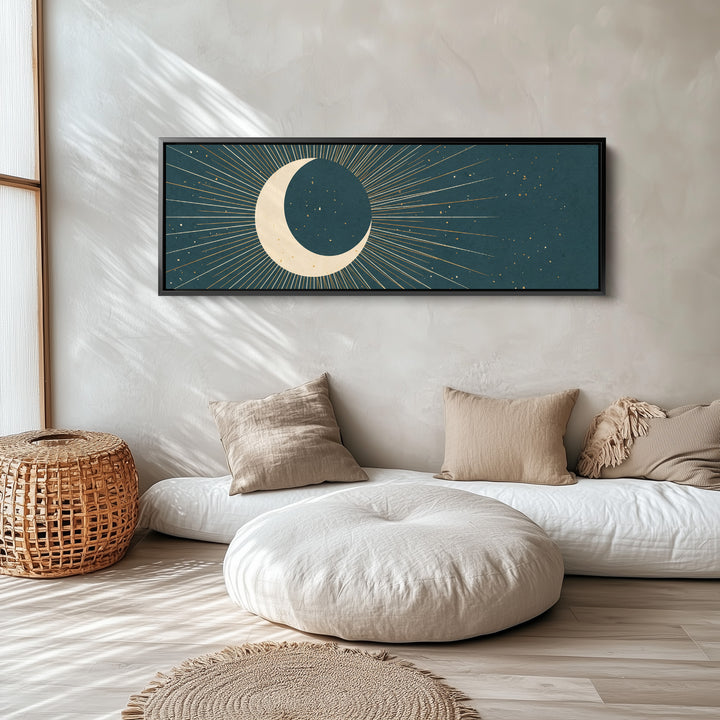 Teal Crescent Moon and Stars Panoramic Wall Art for Bedroom long narrow horizontal wall art in a black frame, above the bed
