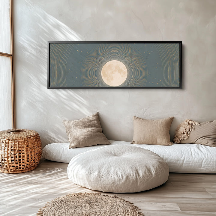 Bedroom Wall Art Long Horizontal Full Moon with Celestial Rings long narrow horizontal wall art in a black frame, above the bed