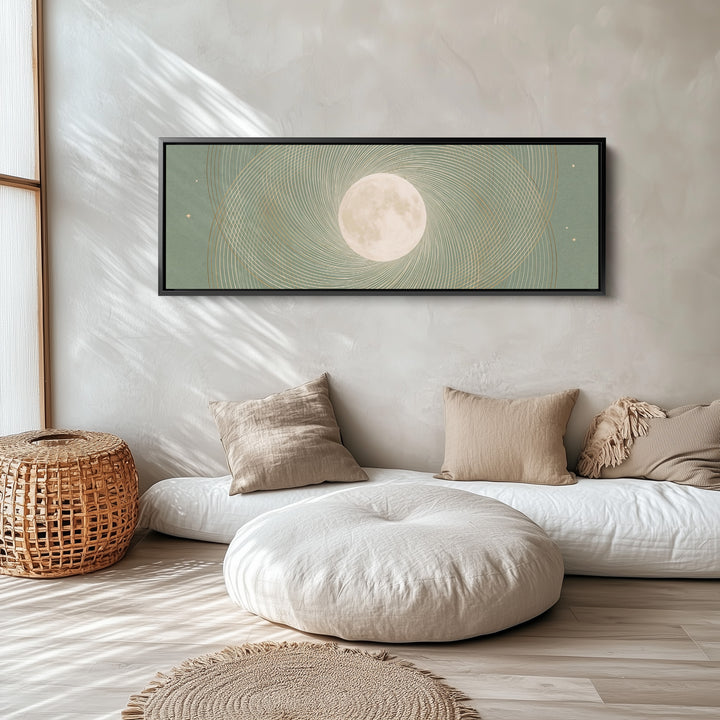 Above Couch Wall Art Panoramic Sage Full Moon Celestial Canvas long narrow horizontal wall art in a black frame, above the bed