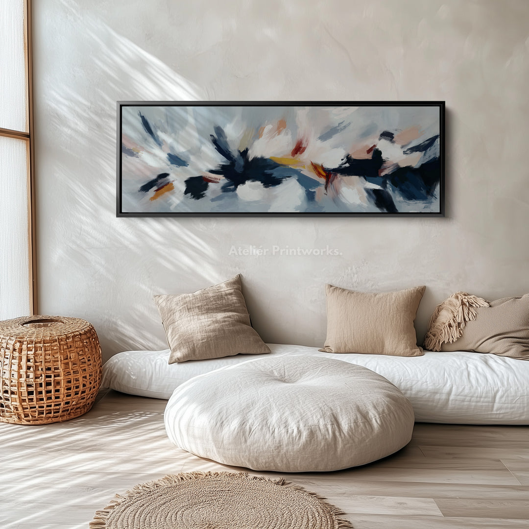 Abstracte blauwe, witte en roze horizontale lange wanddecoratie