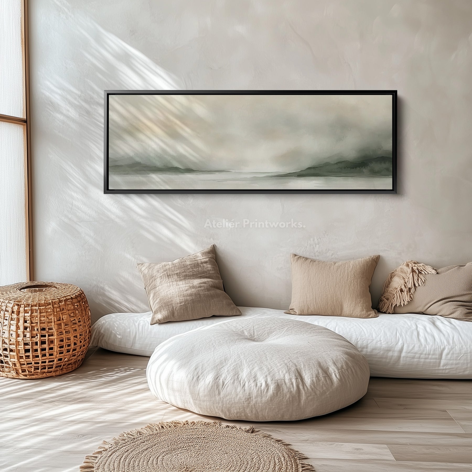 Large horizontal canvas wall art above a sofa in a modern living room