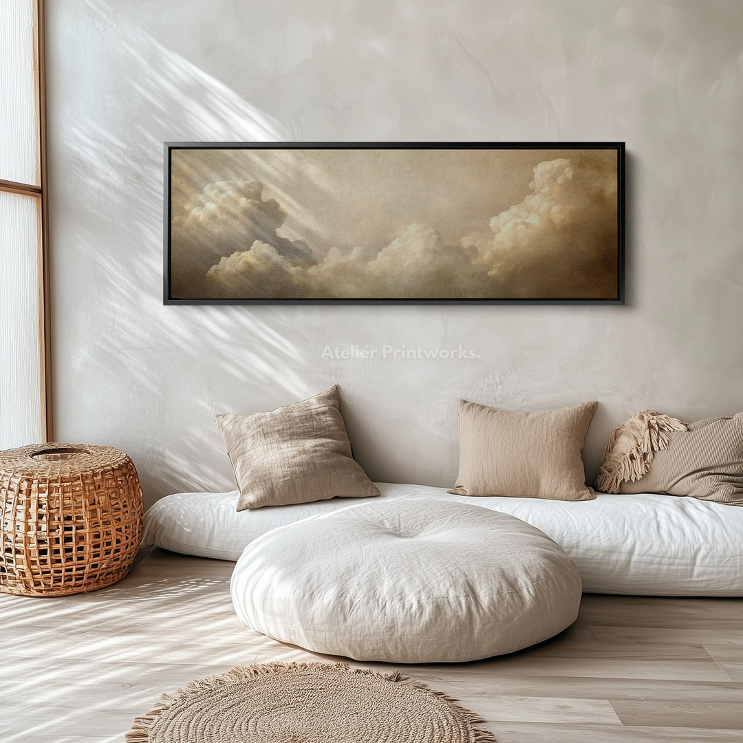 Long Horizontal Vintage Cloud Artwork Above Bed Wall Art