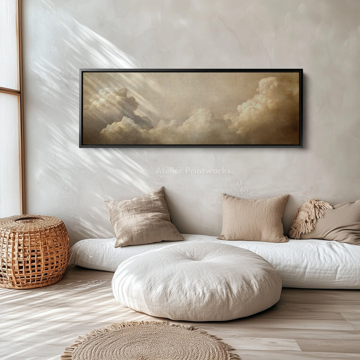 Long Horizontal Vintage Cloud Artwork Above Bed Wall Art