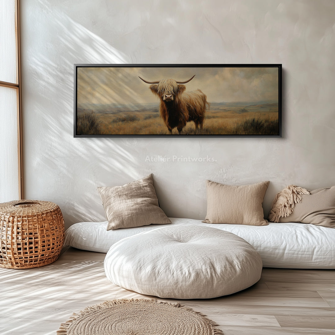 Highland koe afbeelding panoramisch lang smal wanddecoratie groot canvas decor