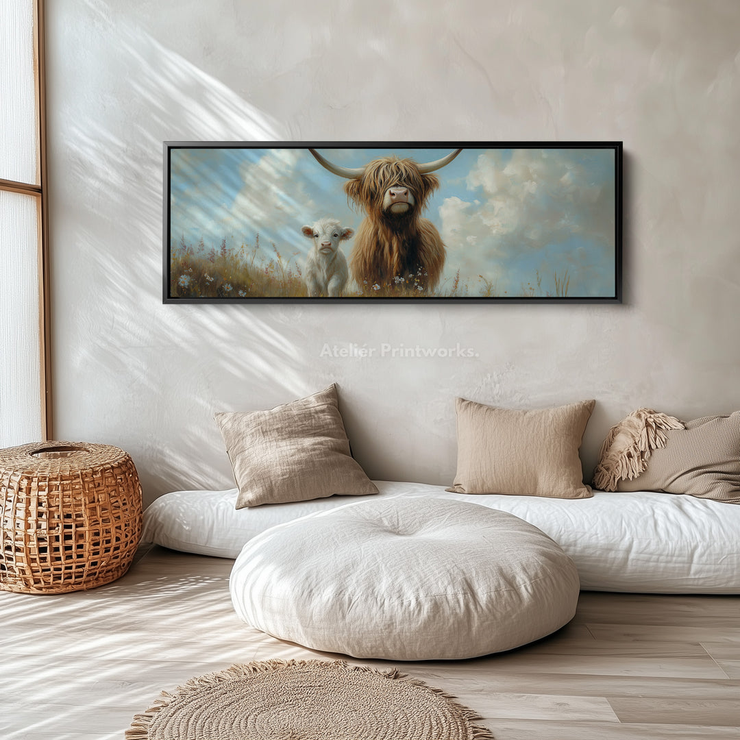 Scottish Highland Cow Framed Canvas Large Horizontal Wall Art