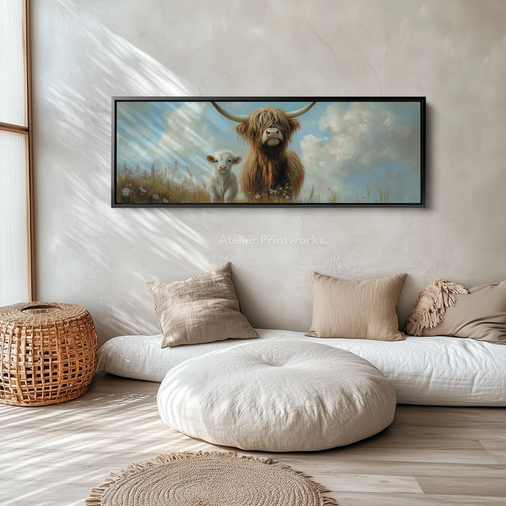Scottish Highland Cow Framed Canvas Large Horizontal Wall Art
