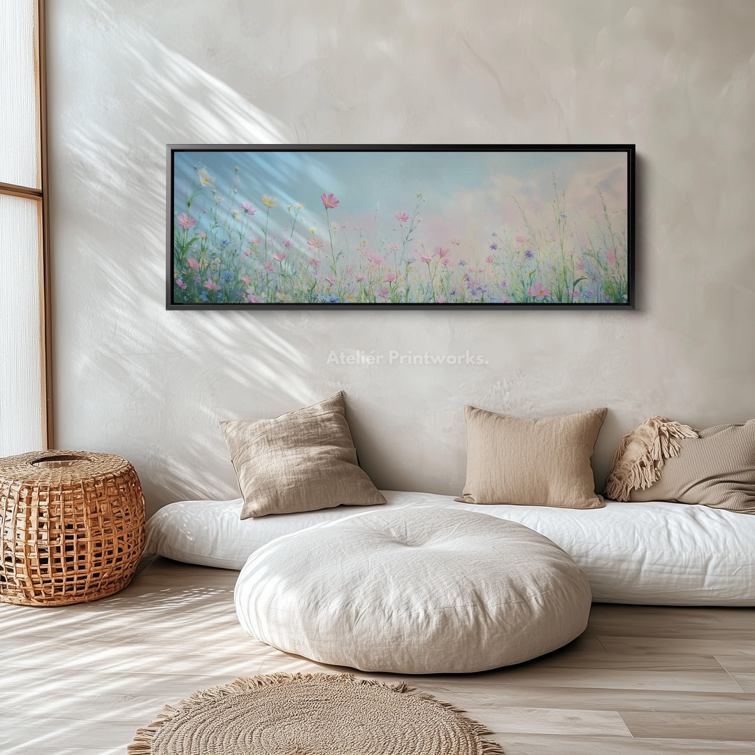Wilde bloemen grote ingelijste canvas lange smalle horizontale wanddecoratie