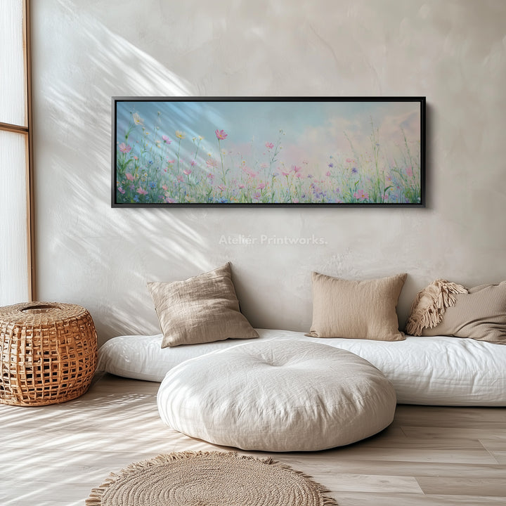 Wilde bloemen grote ingelijste canvas lange smalle horizontale wanddecoratie