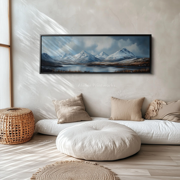 Boven het bed wanddecoratie lange horizontale panoramische bergen groot canvas