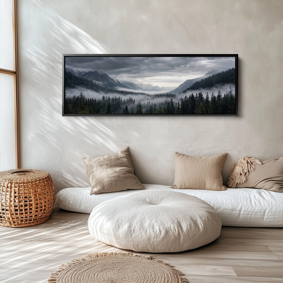 Horizontal Wall Art Foggy Forest Valley Wide Canvas For Living Room