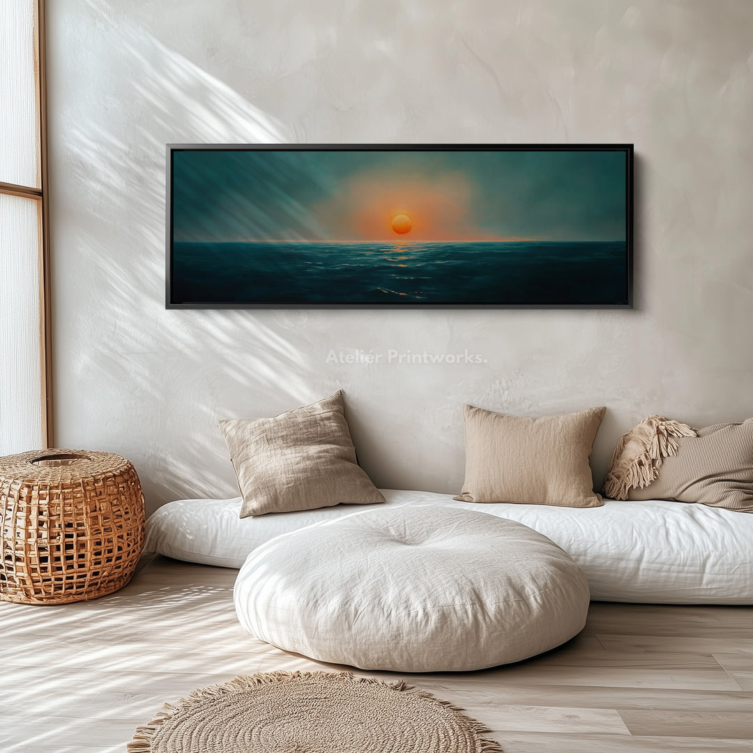 Ocean Sunset Smal Breed Horizontaal Wanddecoratie Grote Ingelijste Canvas