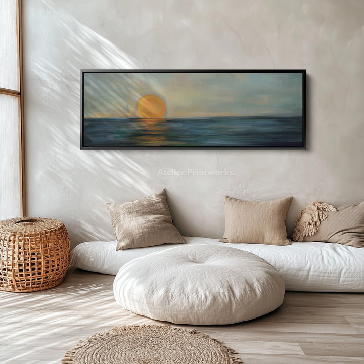 Moderne abstracte smalle brede horizontale wanddecoratie grote ingelijste canvas