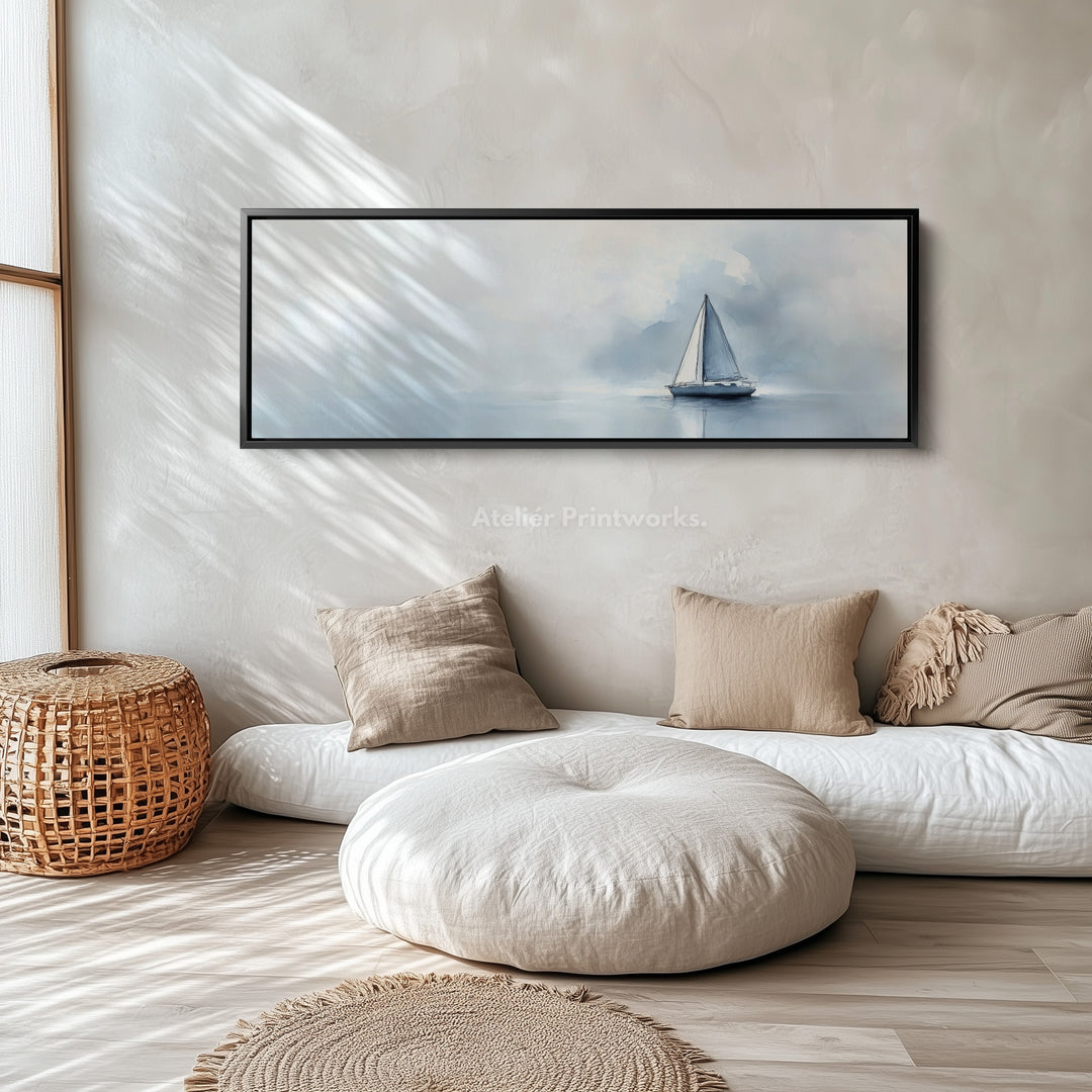 Zeilboot aquarel groot ingelijst lang canvas horizontale wanddecoratie