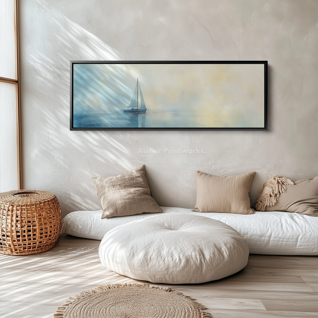 Kalmerende aquarel zeilboot grote ingelijste lange canvas horizontale wanddecoratie